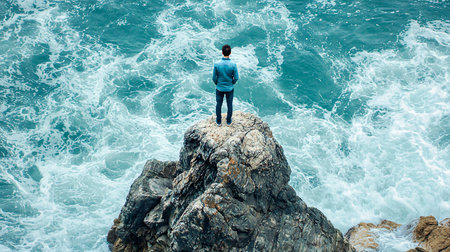A solitary man in a blue shirt and jeans stands on a rugged rock formation, gazing out at the churning turquoise ocean with white foam.の素材