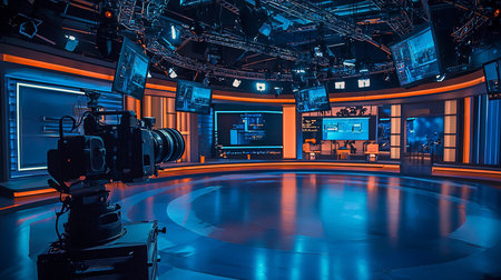 Empty television studio with a large professional camera on a tripod, featuring multiple screens, overhead lights, and vibrant blue and orange ambient lighting.の素材