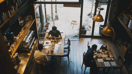 An overhead shot of a cafe interior. Customers are seated at rustic wooden tables, enjoying coffee and pastries. A busy coffee bar with espresso machines and glassware is visible.の素材