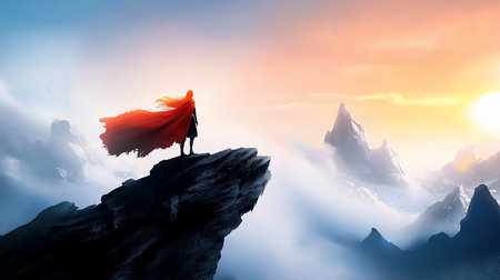 A woman stands on a dark, rocky peak, wearing a long, flowing red cape that billows in the wind, facing a bright horizon.の素材