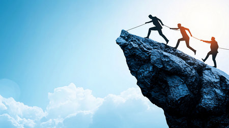 Three silhouetted figures climb a dark, textured rock face, connected by a rope, representing teamwork and overcoming challenges.の素材