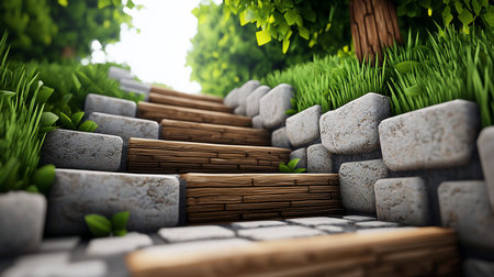 A charming outdoor staircase crafted from weathered wood planks and rough-hewn stones, nestled amidst vibrant green grass and foliage.の素材