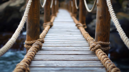 A narrow footbridge constructed from weathered wooden planks and thick, fibrous ropes knotted around sturdy vertical posts, creating a rustic and adventurous pathway.の素材