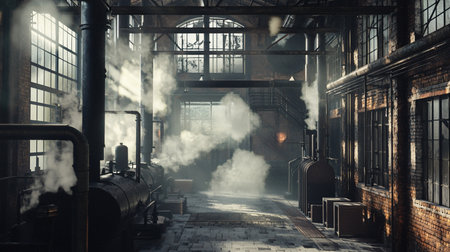 A vast, old industrial factory interior with exposed brick walls and large windows. Steam rises from dark metal boilers and pipes, lit by dramatic sunbeams.の素材