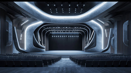 Empty, contemporary auditorium featuring a large stage with bright spotlights, numerous rows of dark seating, and unique curved architectural elements with textured concrete and vertical panels.の素材