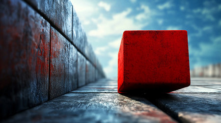 A vibrant red cube with a textured surface sits on a weathered wooden surface, creating a striking contrast.の素材