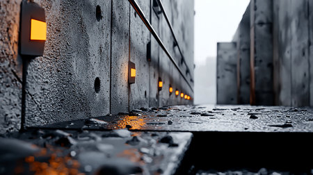 Textured concrete wall with embedded orange lights, metallic railing, and wet surface, creating a moody, industrial aesthetic.の素材