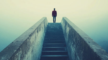 A solitary person in a red jacket stands at the top of a weathered concrete staircase, enveloped in a soft, ethereal fog.の素材