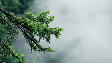 Close-up of a vibrant green coniferous branch, showcasing dense, fresh foliage with pointed needles. Delicate dew drops glisten on the leaves, highlighting natural texture.の素材