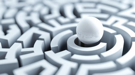 A glossy white sphere sits at the center of a complex, circular white labyrinth. The image has a shallow depth of field, focusing on the reflective ball.の素材
