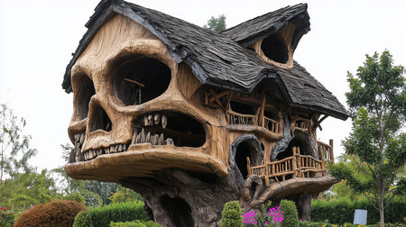 A large wooden structure shaped like a human skull, featuring hollow eye sockets, a nasal cavity, and jagged teeth. It has a dark, shingled roof and wooden balconies.の素材