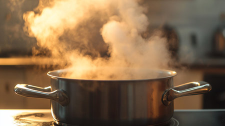 A shiny stainless steel pot with two handles sits on a flat cooktop, releasing thick clouds of steam illuminated by a warm, golden light.の素材