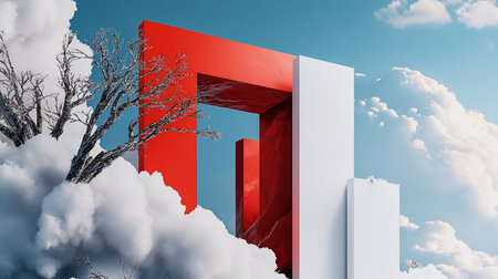 A striking composition featuring a red rectangular structure with a textured surface, juxtaposed with white geometric forms and a bare tree.の素材