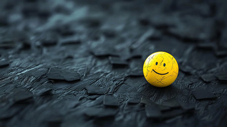 A single yellow spherical object featuring a classic smiley face. Its surface is covered in a network of fine cracks, giving it a weathered and textured appearance.の素材