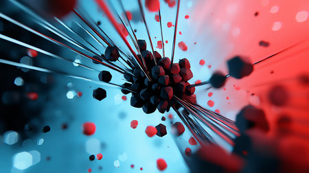 A central cluster of dark, multi-faceted geometric shapes, connected by radiating lines, with scattered red and black elements.の素材