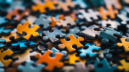 A collection of interlocking puzzle pieces in various colors, showcasing textured surfaces and a shallow depth of field. The pieces are scattered.の素材