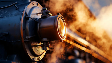Detailed view of a powerful steam locomotive's dark, textured metal boiler and bright, glowing headlight, with intricate pipes and rivets visible.の素材