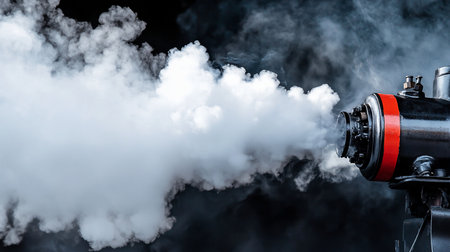 A detailed view of a black and red steam engine exhaust pipe releasing a large plume of white steam against a dark background.の素材