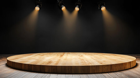 Detailed circular wooden stage with light wood grain planks, featuring a darker vertical side, brightly illuminated by four warm golden spotlights.の素材