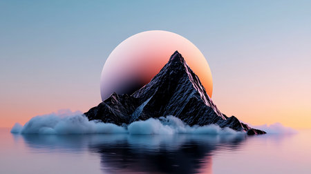 A dark, textured mountain range rises from a sea of clouds, with a large, gradient sphere visible behind the peaks.の素材