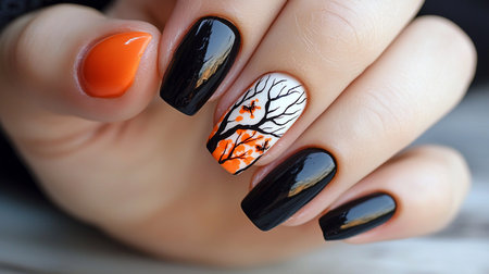 A beautiful manicure with glossy black and orange nails and a white accent nail featuring a detailed black tree silhouette with orange leaves and small butterflies.の素材