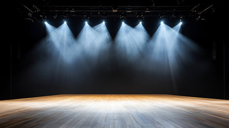 A row of bright spotlights shines down onto a polished wooden stage floor, creating visible beams of light through atmospheric haze against a dark, empty background.の素材