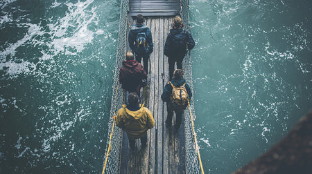 Five individuals wearing casual outdoor jackets and backpacks, walking forward with their backs to the viewer.の素材