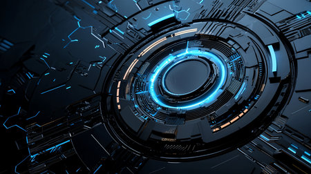 Complex, dark metallic structure featuring a central circular element with bright blue glowing accents and detailed geometric patterns.の素材