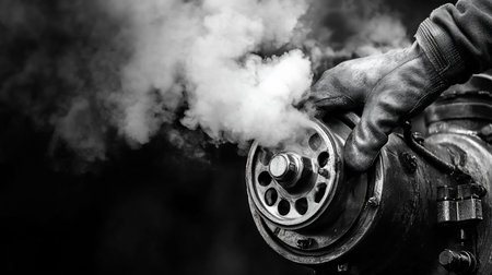 A gloved hand turns a valve on a steam engine, releasing a burst of steam in a monochrome, industrial setting.の素材