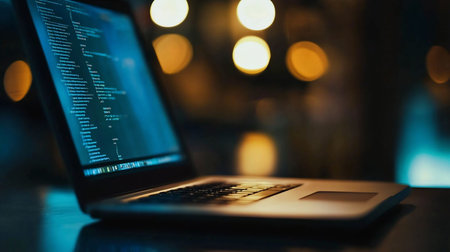 A close-up view of a laptop screen filled with programming code, illuminated by soft, out-of-focus bokeh lights.の素材