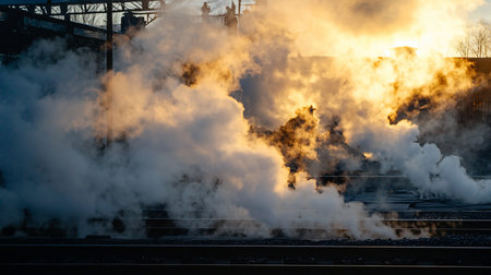 Thick, ethereal steam, bathed in golden light, billows upwards from dark train tracks, creating a dramatic, atmospheric industrial scene.の素材