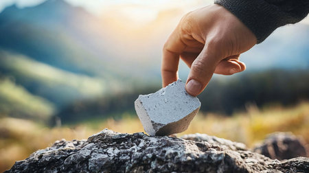 A close-up of a hand holding and placing a textured, grey concrete piece onto a rough, dark grey rock.の素材