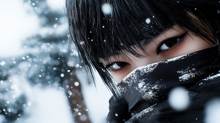 A person's face is partially visible, with intense eyes and black hair. A black scarf covers the lower face, dusted with snow.の素材