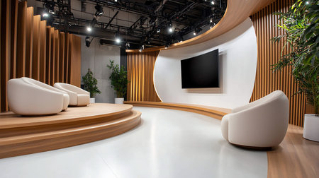 A contemporary TV studio set featuring a large black screen, curved wooden paneling, and comfortable, textured cream-colored armchairs arranged on a tiered wooden platform.の素材