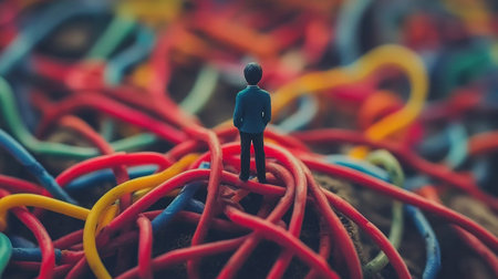 A small figurine of a man viewed from behind, standing on a chaotic, tangled mess of vibrant red, blue, and yellow wires, symbolizing complexity and confusion.の素材