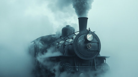Detailed front view of a dark, aged steam locomotive, featuring a bright round headlight, textured metal, and thick smoke.の素材
