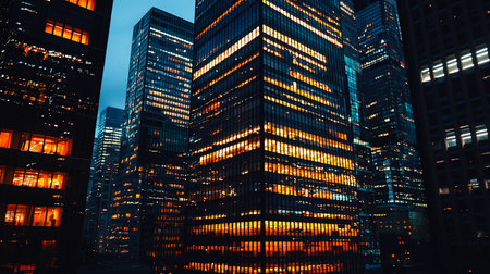 Multiple tall glass and steel skyscrapers with countless windows glowing brightly. Warm orange and cool blue lights illuminate the modern urban architecture at night.の素材