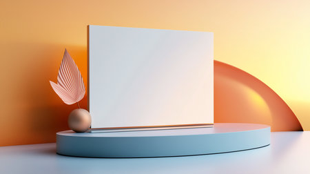 A minimalist display featuring a white rectangular panel, a copper-colored leaf in a spherical vase, and a light blue circular podium.の素材