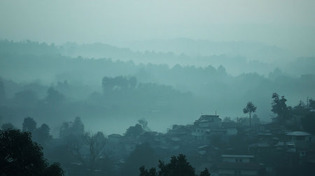 Panoramic view of a village nestled in misty, forested mountains. Houses with visible roofs and walls, surrounded by trees, all softly blurred by dense, blue-green fog.の素材