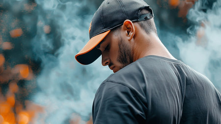 Profile view of a young man with a beard, wearing a dark grey t-shirt and a black baseball cap with a vibrant orange visor, head bowed in contemplation.の素材