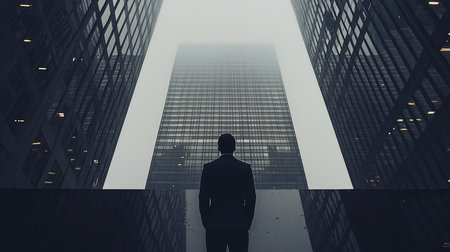 A lone businessman in a dark suit stands with his back to the camera, gazing up at a massive, grid-patterned skyscraper shrouded in fog.の素材