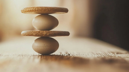 A delicate vertical stack featuring two smooth, light brown eggs alternating with two rough, textured, circular objects, demonstrating a precarious balance.の素材