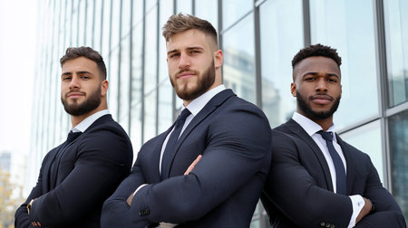 Three men in dark suits and white shirts stand with arms crossed, displaying confidence and professionalism.の素材