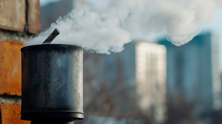 Dark, cylindrical metal pipe with rough, weathered texture, actively emitting dense white smoke plume. A thin metal rod protrudes from its interior.の素材