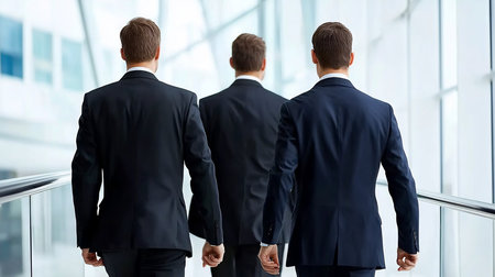 Three men in tailored dark suits walk forward, their backs to the viewer, in a modern, bright interior space.の素材