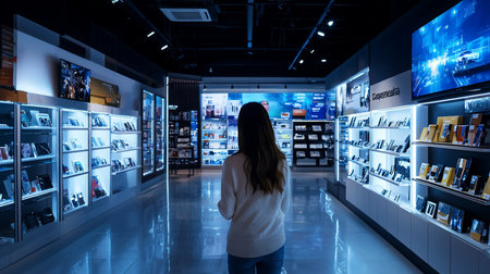 A woman seen from behind stands in a futuristic tech store, surrounded by shelves with glowing blue lights displaying modern electronic devices and screens.の素材