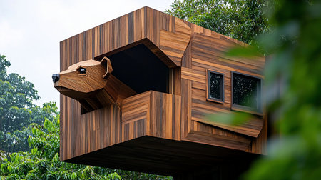 A distinctive wooden structure featuring a bear head, constructed with geometric shapes and showcasing a rich, natural wood grain finish.の素材