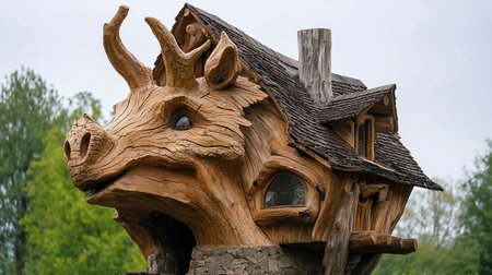 A fantastical wooden house sculpted in the shape of a dragon, featuring detailed wood grain, windows, and a chimney.の素材