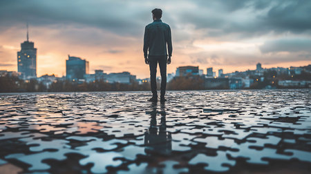 A man stands with his back to the camera, facing a city skyline at dusk, on a surface resembling a scattered puzzle.の素材