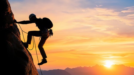 A lone climber, silhouetted against a vibrant sunset, scales a rugged rock face, equipped with a backpack and climbing gear.の素材